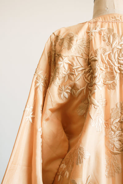 1920s Apricot Floral Motif Embroidered Silk Robe