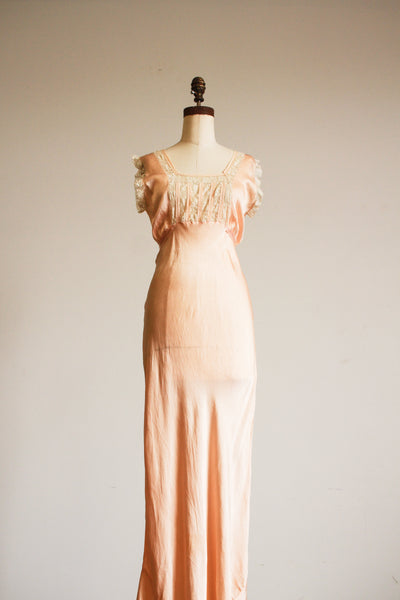 1930s Peach Silk Charmeuse Lace Paneled Bias Slip Dress