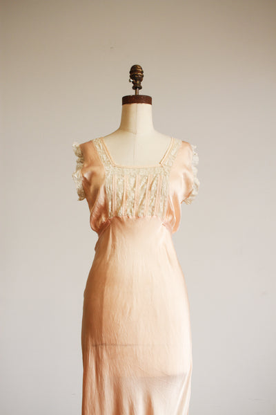 1930s Peach Silk Charmeuse Lace Paneled Bias Slip Dress