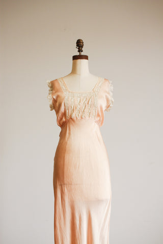 1930s Peach Silk Charmeuse Lace Paneled Bias Slip Dress