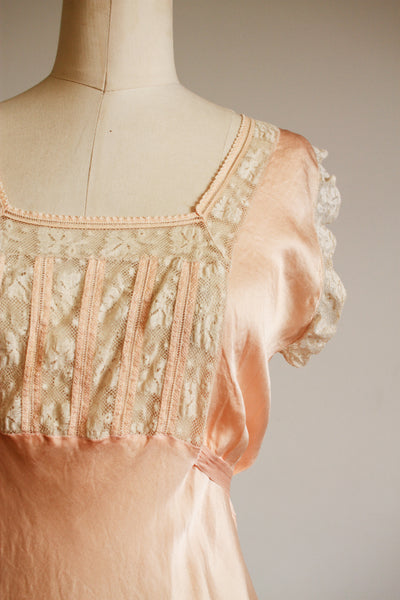 1930s Peach Silk Charmeuse Lace Paneled Bias Slip Dress