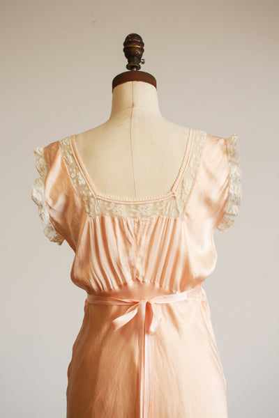 1930s Peach Silk Charmeuse Lace Paneled Bias Slip Dress