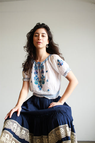 1940s Hungarian Cotton Blue Embroidered Peasant Blouse