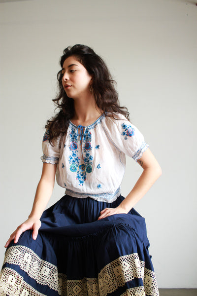 1940s Hungarian Cotton Blue Embroidered Peasant Blouse