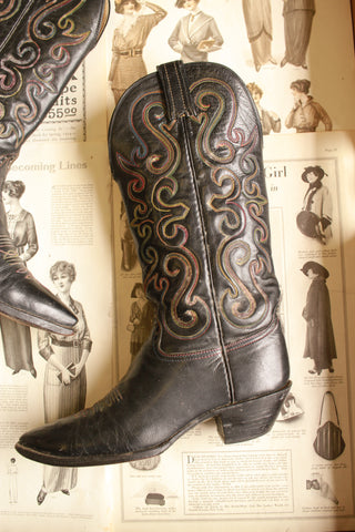 1960s Black Rainbow Stitch Leather Western Boots | Size 6 1/2