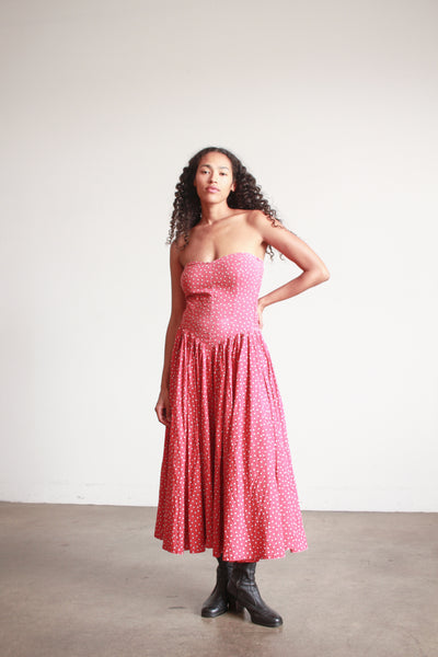 1980s Norma Kamali Red Polka Dot Strapless Dress