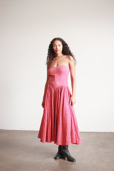 1980s Norma Kamali Red Polka Dot Strapless Dress