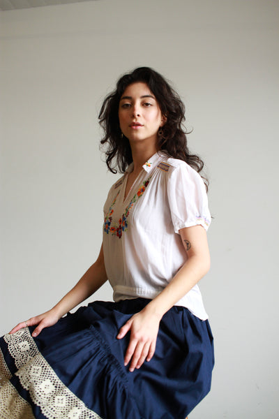 1930s Rayon White Hungarian Embroidered Peasant Blouse