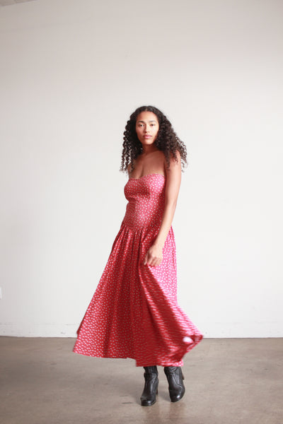 1980s Norma Kamali Red Polka Dot Strapless Dress