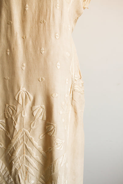 1920s Ecru Cotton Embroidered Shift Dress