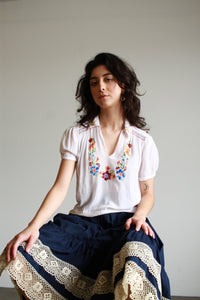 1930s Rayon White Hungarian Embroidered Peasant Blouse