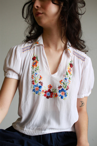 1930s Rayon White Hungarian Embroidered Peasant Blouse