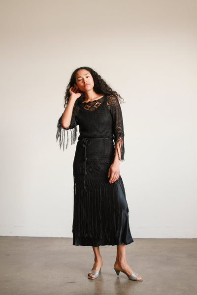 1920s Black Crochet Fringe Tunic