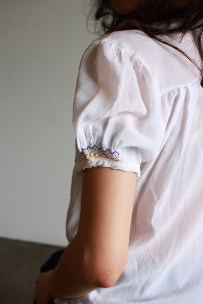 1930s Rayon White Hungarian Embroidered Peasant Blouse