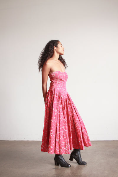 1980s Norma Kamali Red Polka Dot Strapless Dress