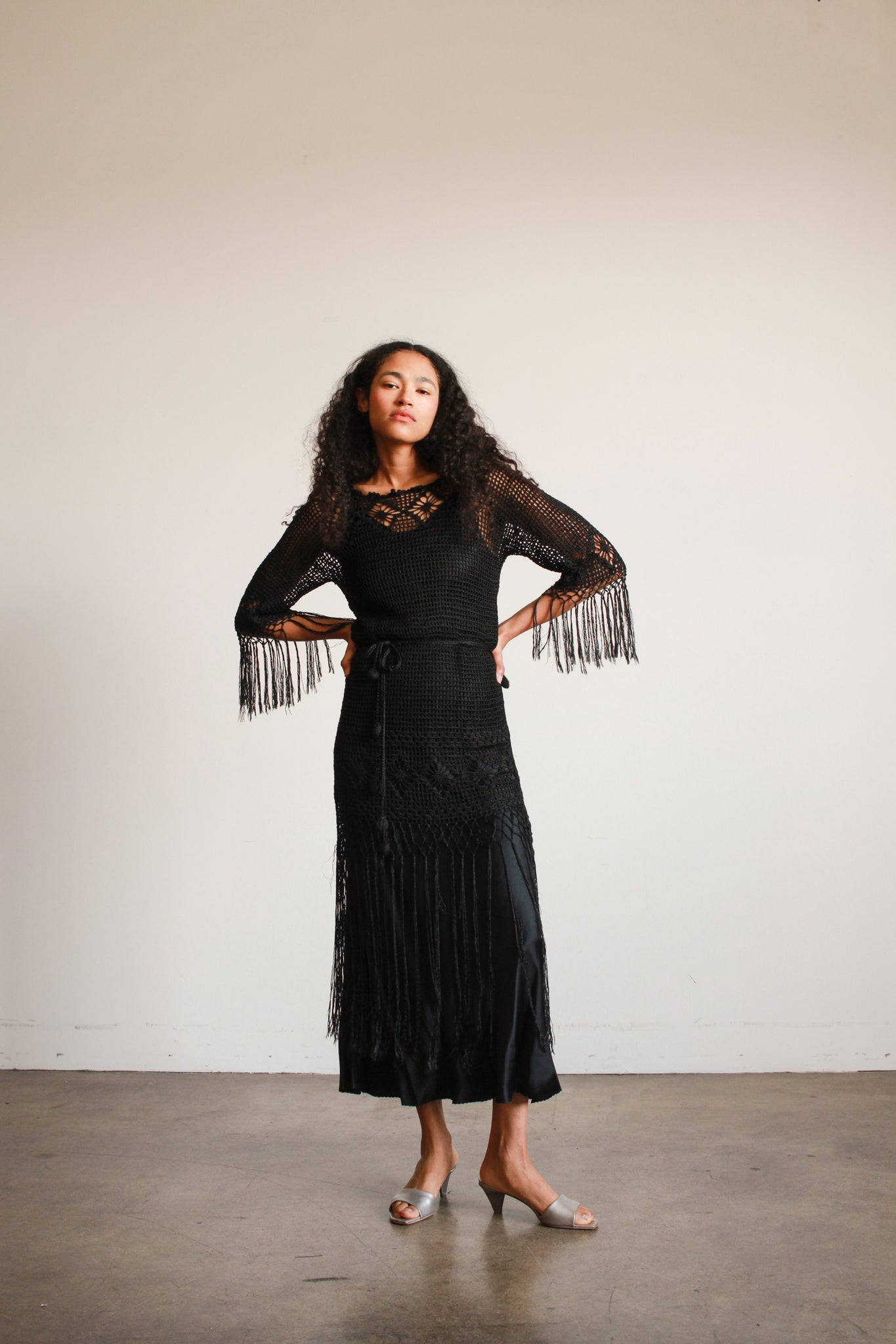 black crochet fringe dress Mango Capsule crochet fringe sleeveless dress in black