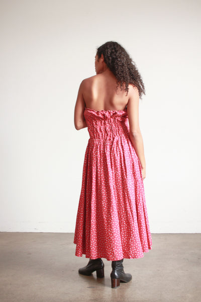 1980s Norma Kamali Red Polka Dot Strapless Dress