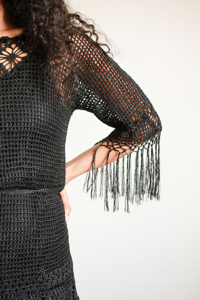 1920s Black Crochet Fringe Tunic