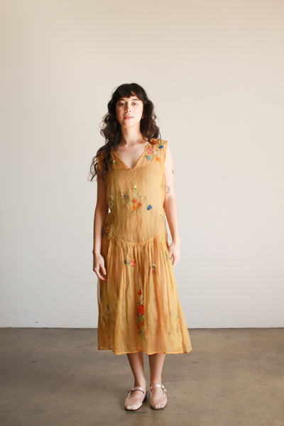 1920s Mustard Organza Embroidered Floral Dress