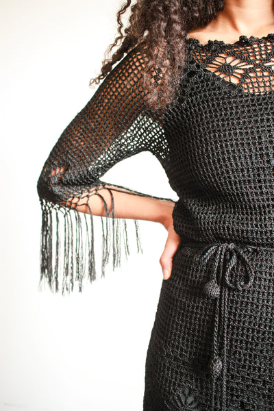 1920s Black Crochet Fringe Tunic