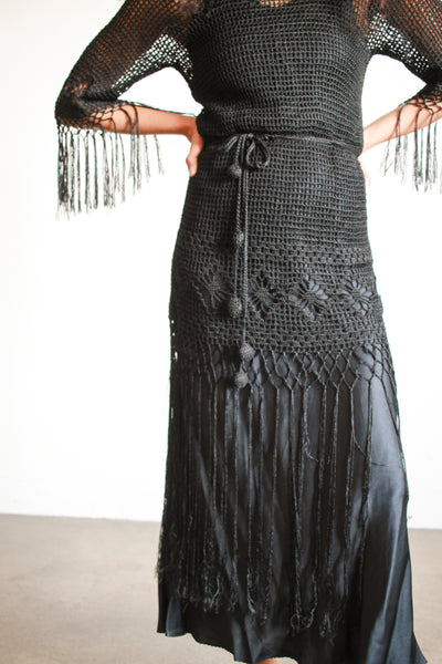 1920s Black Crochet Fringe Tunic