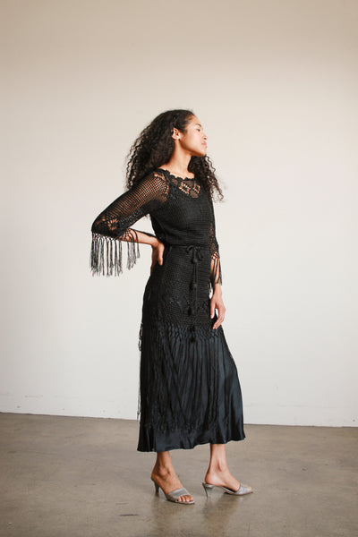 1920s Black Crochet Fringe Tunic