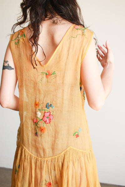 1920s Mustard Organza Embroidered Floral Dress