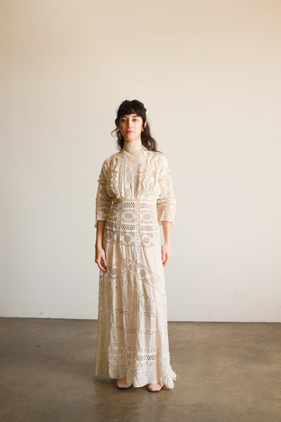 Antique Edwardian Ecru Mixed Lace Eyelet Lawn Dress