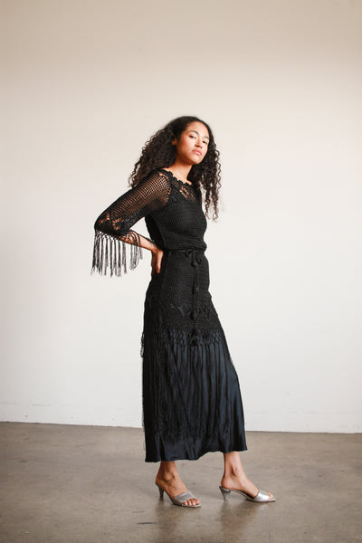 1920s Black Crochet Fringe Tunic