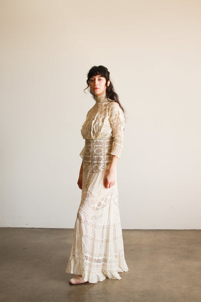 Antique Edwardian Ecru Mixed Lace Eyelet Lawn Dress