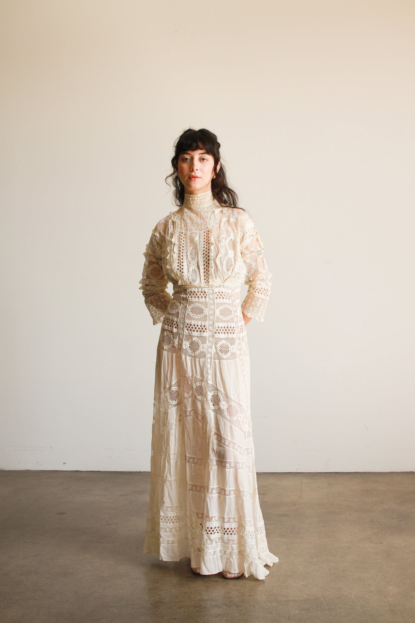 Antique Edwardian Ecru Mixed Lace Eyelet Lawn Dress