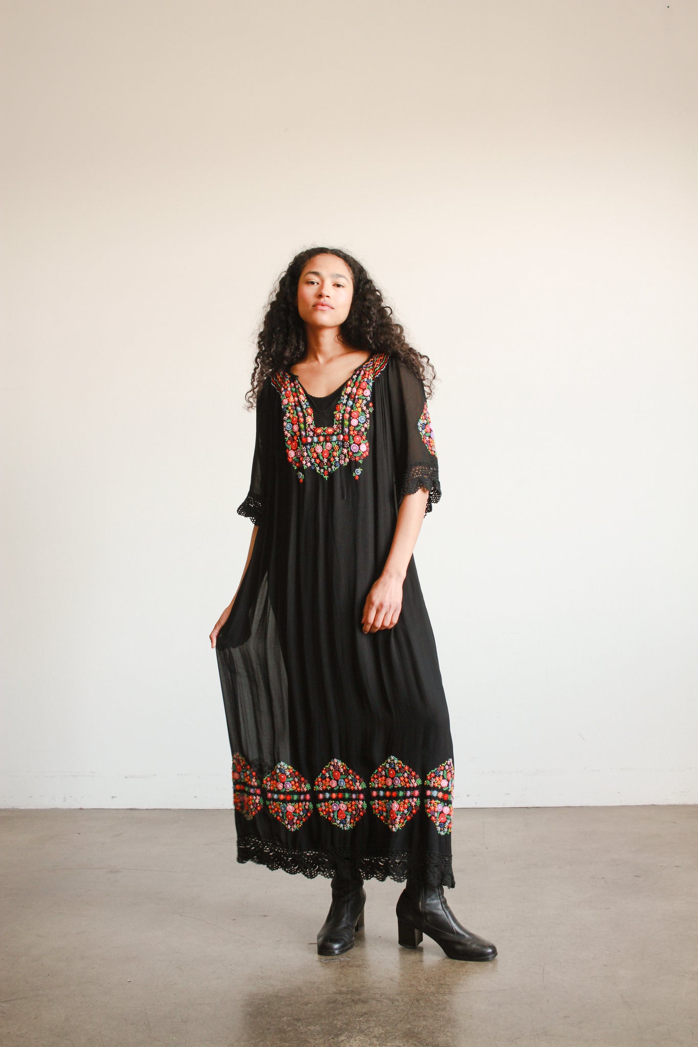 1940s Black Hungarian Rayon Embroidered Peasant Dress Blossom Vintage 1940s Black Hungarian Rayon Embroidered Peasant Dress Blossom Vintage