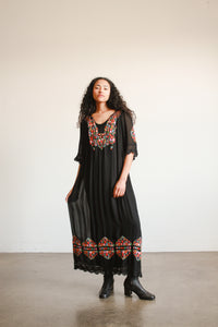 1940s Black Hungarian Rayon Embroidered Peasant Dress