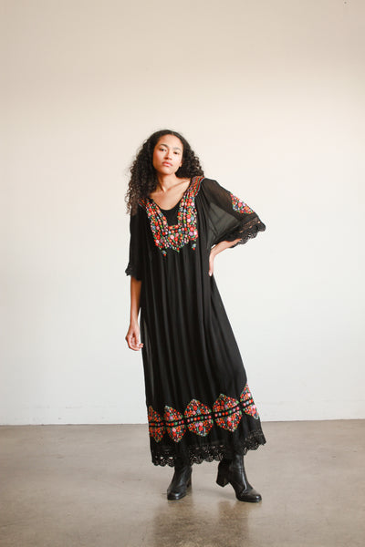 1940s Black Hungarian Rayon Embroidered Peasant Dress