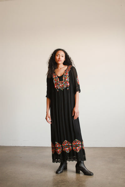 1940s Black Hungarian Rayon Embroidered Peasant Dress