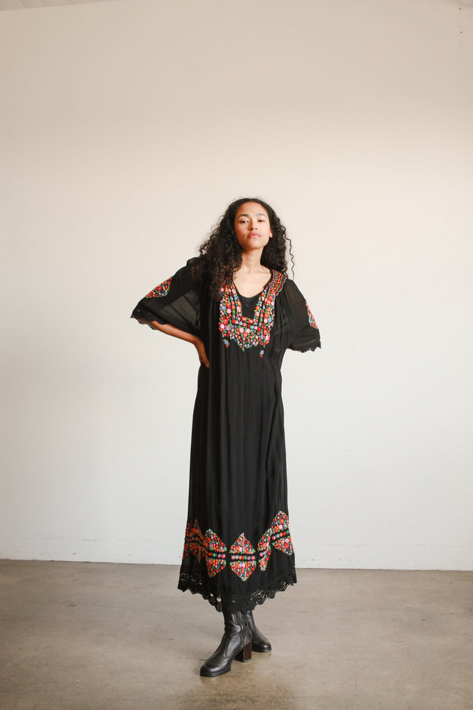 1940s Black Hungarian Rayon Embroidered Peasant Dress Blossom Vintage 1940s Black Hungarian Rayon Embroidered Peasant Dress Blossom Vintage