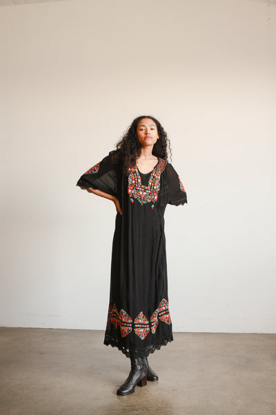 1940s Black Hungarian Rayon Embroidered Peasant Dress