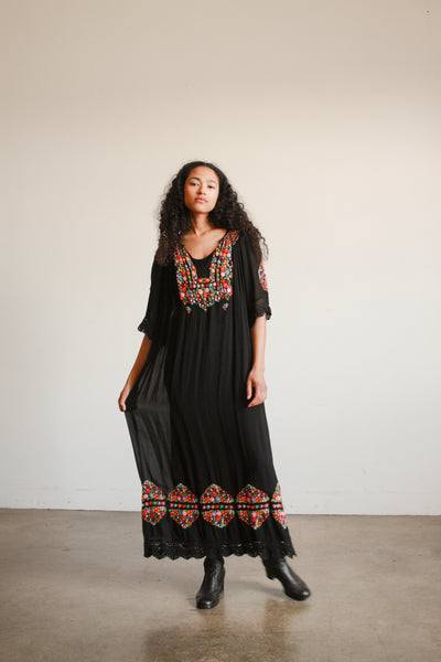 1940s Black Hungarian Rayon Embroidered Peasant Dress