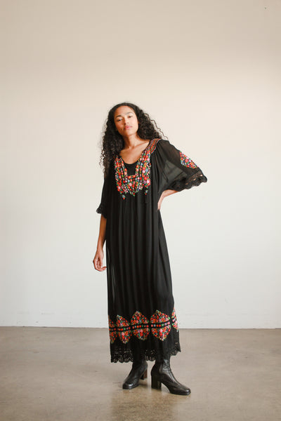 1940s Black Hungarian Rayon Embroidered Peasant Dress