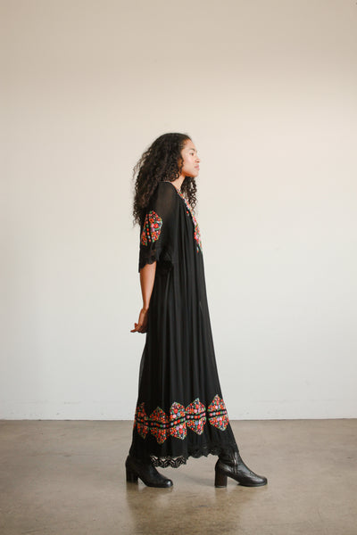 1940s Black Hungarian Rayon Embroidered Peasant Dress