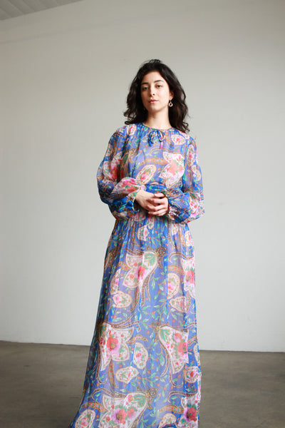 1970s Paisley Chiffon Print Maxi Dress