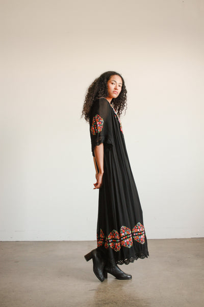 1940s Black Hungarian Rayon Embroidered Peasant Dress