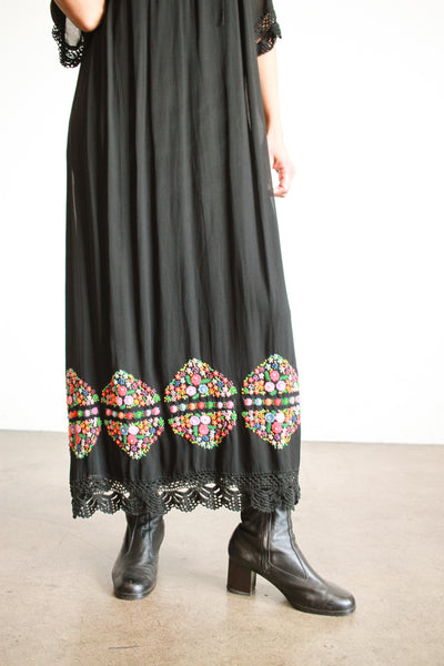 1940s Black Hungarian Rayon Embroidered Peasant Dress