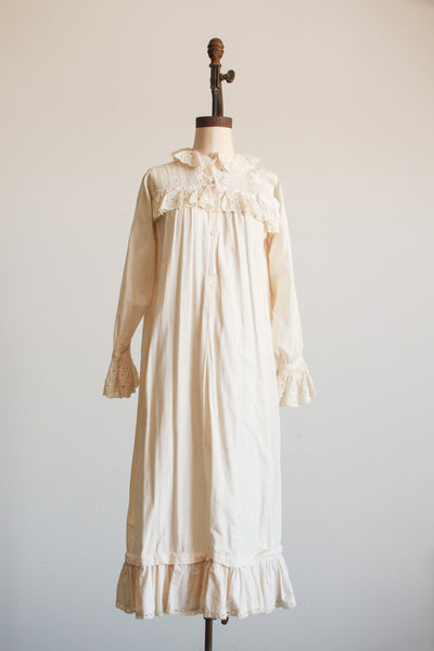 1900s Cream Cotton Ruffle Pink Trim Nightgown
