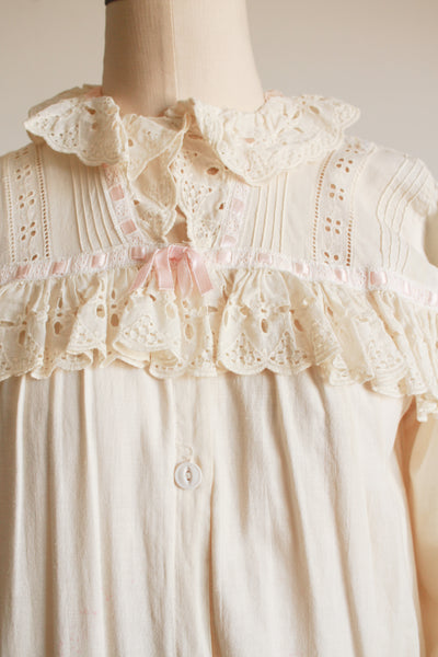 1900s Cream Cotton Ruffle Pink Trim Nightgown