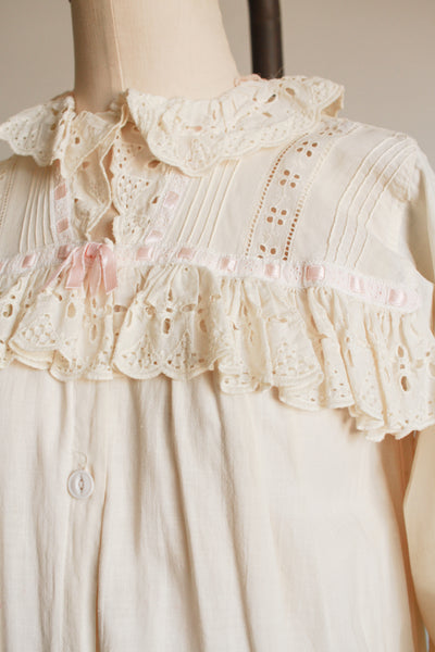1900s Cream Cotton Ruffle Pink Trim Nightgown