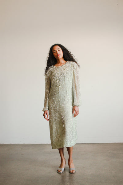 1980s Mint Silk Beaded Shift Dress