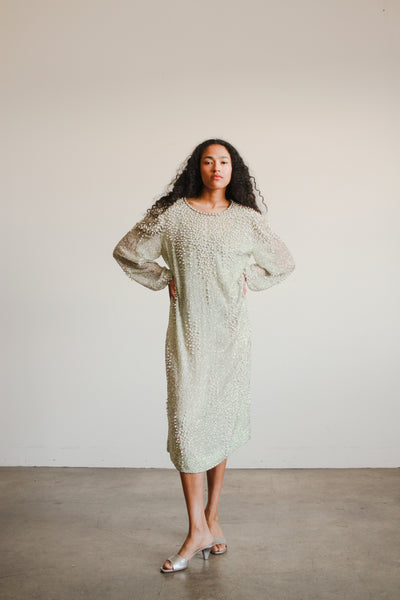 1980s Mint Silk Beaded Shift Dress