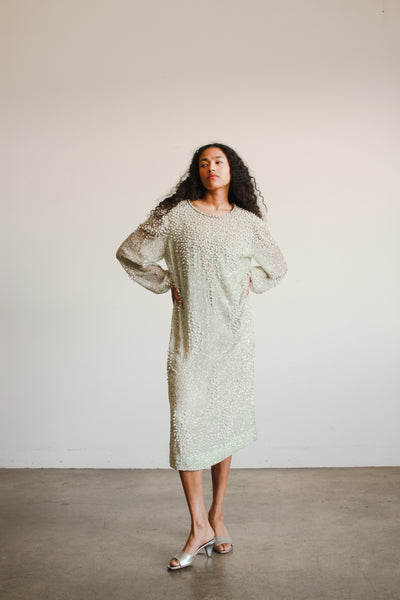 1980s Mint Silk Beaded Shift Dress