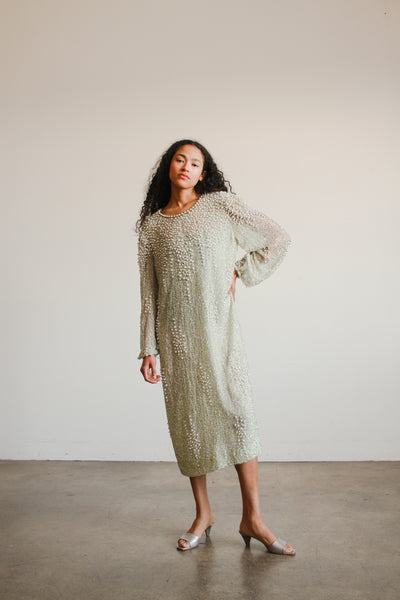 1980s Mint Silk Beaded Shift Dress